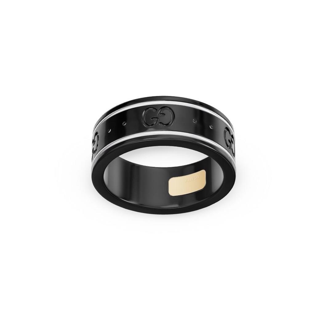 Gucci Serie Icono Estilo Europeo Estrecho Anillo Blanco Brillante de Oro de 18 Quilates Anillos para Hombre Negro 225985-I19A1-8061