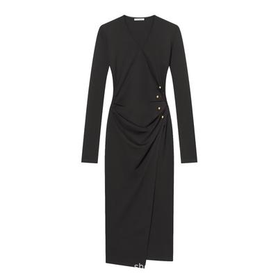 Womens 2026 V-Neck Long Sleeve Wrap Pleated Midi Dress With Metallic Button Detail
