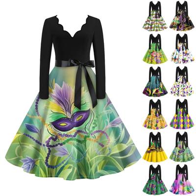 Damen Casual Mode V-Ausschnitt Langarm Bedrucktes Vintage Langes Kleid