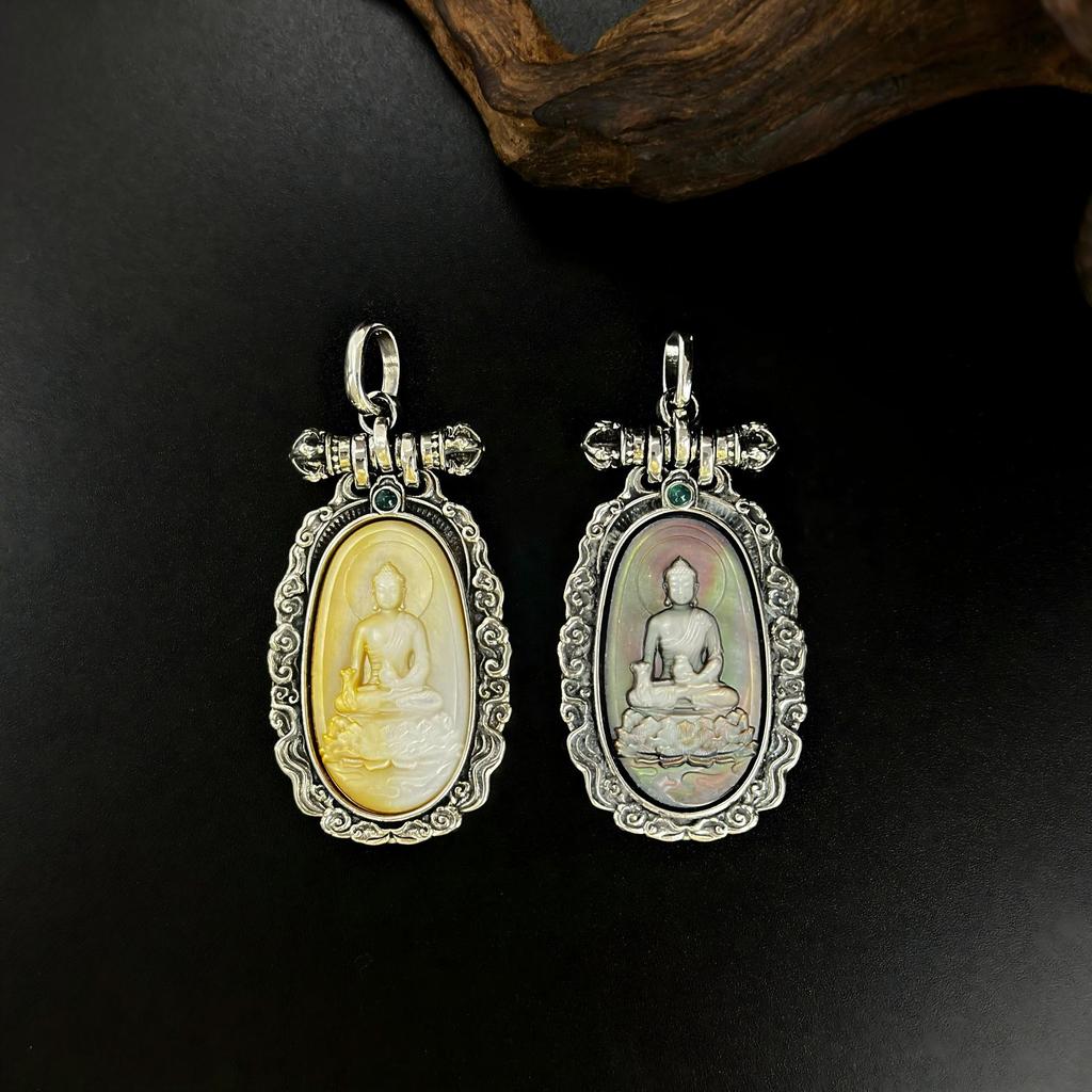 S925 Sterling Silver Medicine Buddha Pendant with Natural Shell Carving, Ethnic Auspicious Clouds Design, High-End Fashionable Necklace.