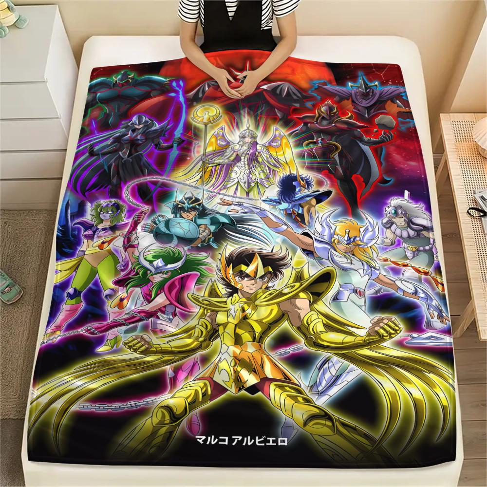 1Pc Saint Seiya Print Flannel Blanket, High quality Comfortable for All Seasons, Home Decor, Warmth and Comfort, Perfect for Christmas Gifts