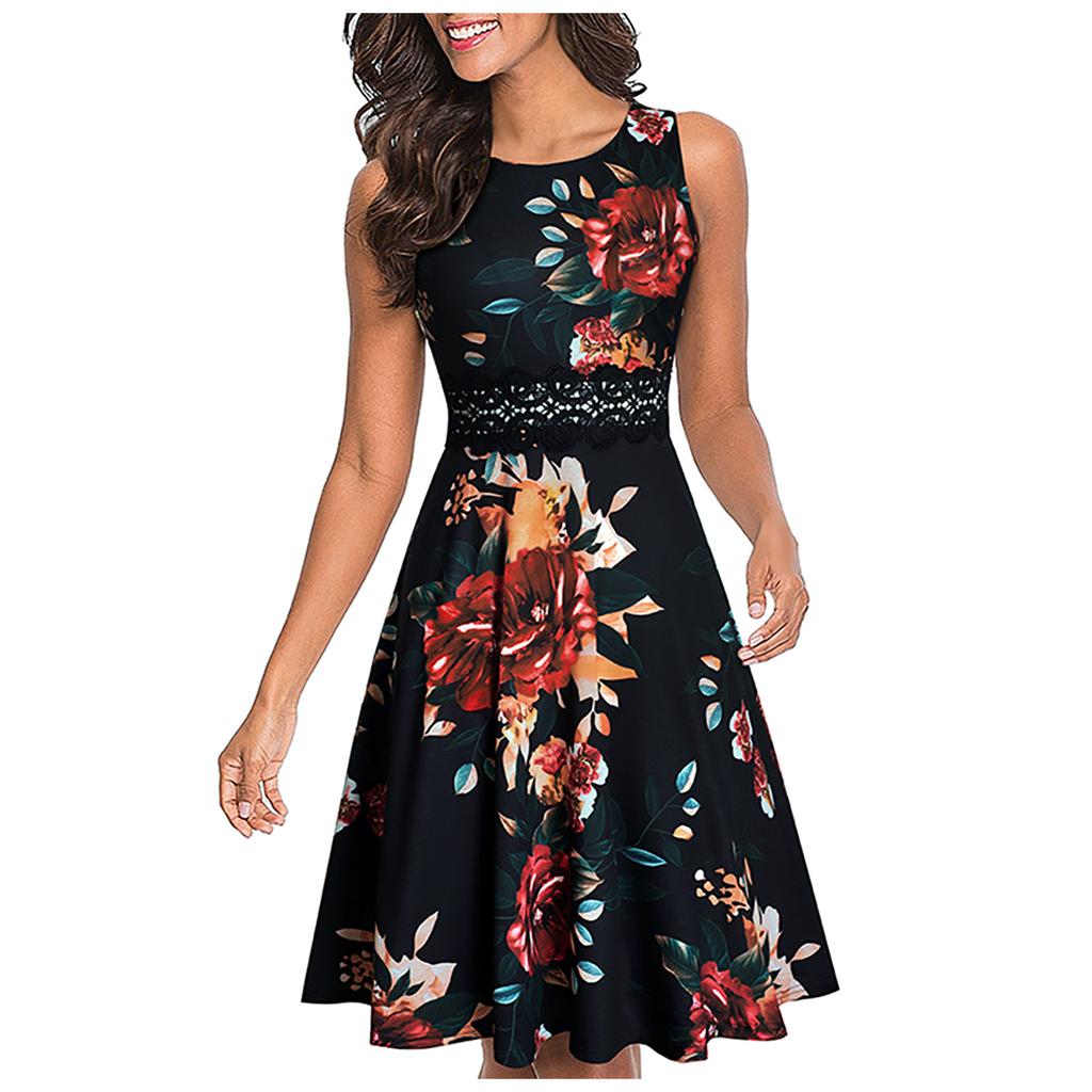 Petite robe élégante à la mode pour femmes, col rond, sans manches, imprimée en dentelle