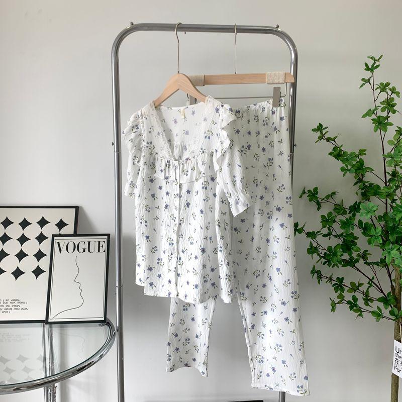 Spring and Autumn Lace Floral Pajamas Female Princess Style Loose Sweet Home Wear Clouds Cotton Suit Short Sleeve Pants