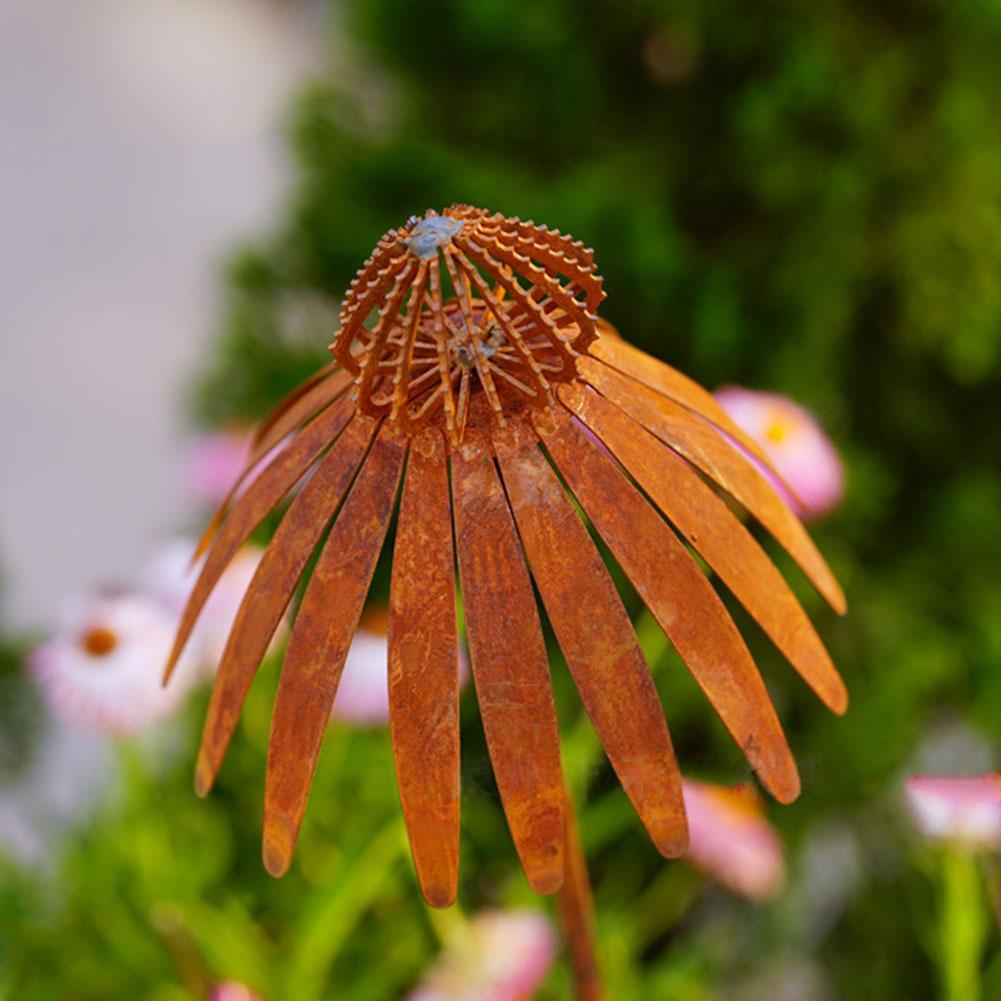 1Pcs Rusty Echinacea Garden Stake Charming Rusted Echinacea Garden Stake Metal Echinacea Plant Sculpture Garden Stake