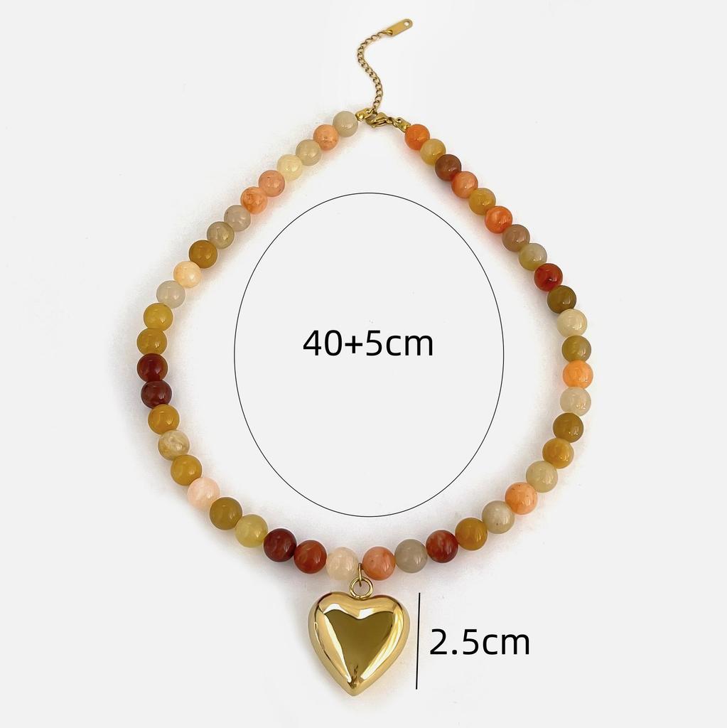 Bohemia Multicolor Stone Handmade Beaded Chain Gold Plated Heart Pendant Necklace for Women