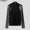 INCERUN Herren Langarm Patchwork Mesh Sheer Cutout Durchsichtige T-Shirts Tops
