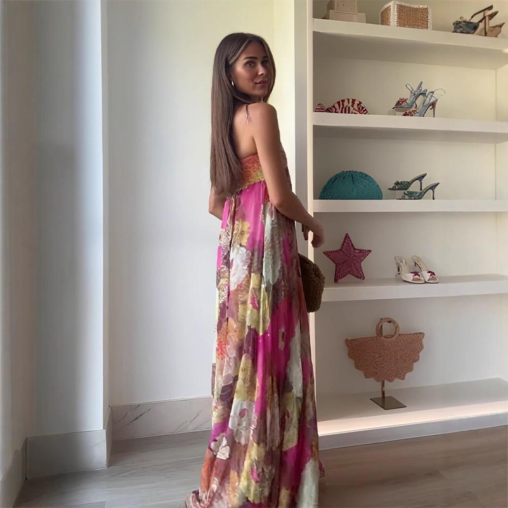 Printed Women Long Dress Backless Pleats A-line Large Hem Robe Elegant Female Party Holiday Long Dresses