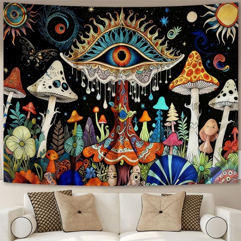 Bohemian Pilz-Wandteppich, Mystisches Böses Auge und Bunte Pilze Mit Himmlischen Elementen Auf Schwarzem Hintergrund Wandkunst Für