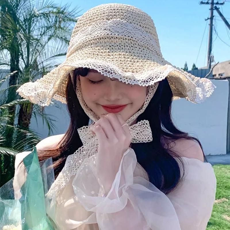 Summer Women Sun Hollow Out Straw Hat Wide Brim Beach Hat with Lace Tie Foldable Outdoor Vacation UV Protection Cap XKTYM03