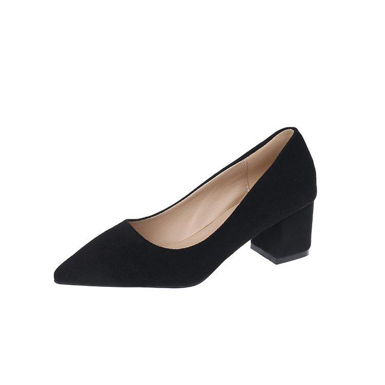 Large Size Pointed Shoes 35-43 Thick Heel Black High Heels Professional Single Shoes Fat and Wide Work Women's Shoes Fat Feet