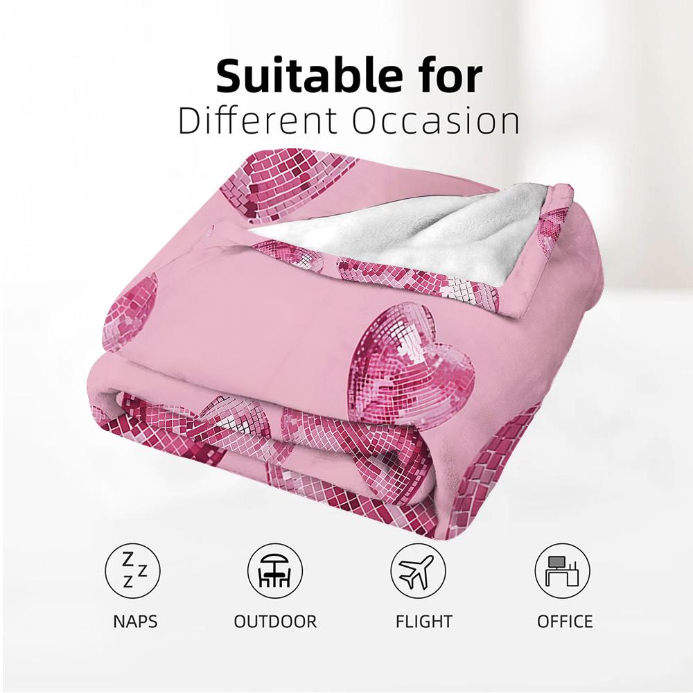 Pink Heart Disco Ball Soft Flannel Blanket Breathable Warm Throw for Office Car Sofa Kids Room Birthday Xmas Gift