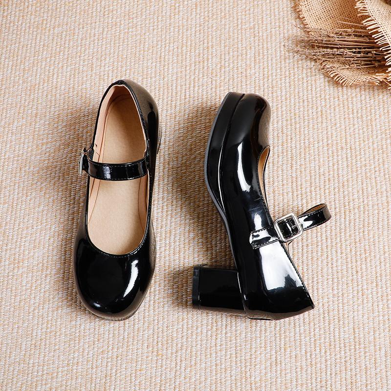 

Туфли Мэри Джейн в стиле Лолиты для девочек, косплей, квадратный каблук, весна-осень, глянцевая искусственная кожа, карамельный цвет, униформа, размер плюс 3~17 3 чёрный