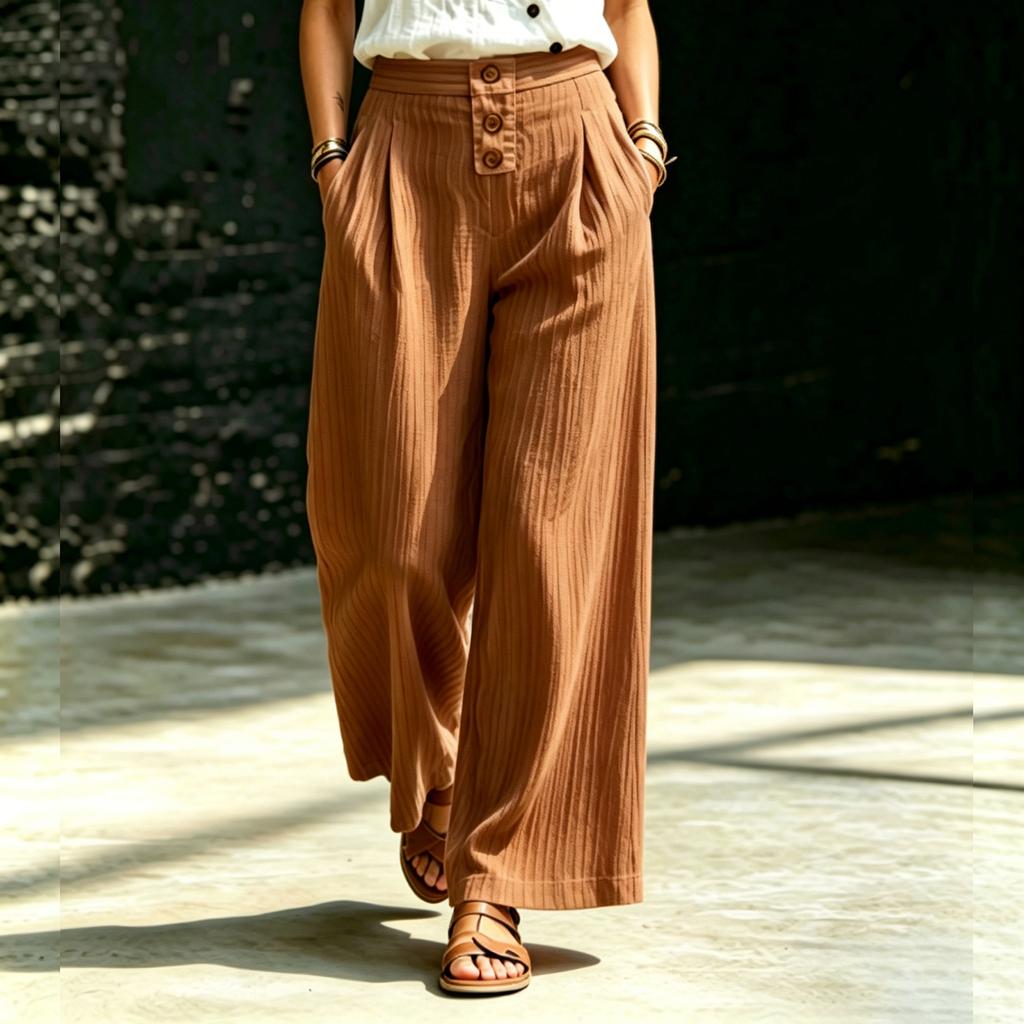 Women’s High Waist Loose Fit Pleated Wide Leg Casual Pants with Button Detail and Side Pockets for Everyday Wear