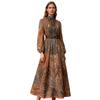 Large size bohemian print long-sleeved dress, ethnic style vacation beach dress loose, belt decoration