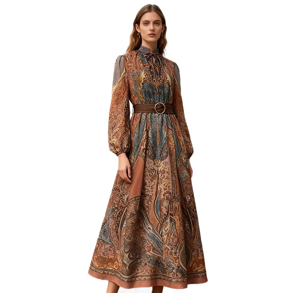 Large size bohemian print long-sleeved dress, ethnic style vacation beach dress loose, belt decoration