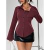 European and American Summer New Style Lapel Slim Striped Bell Sleeve Casual Shirt for Women