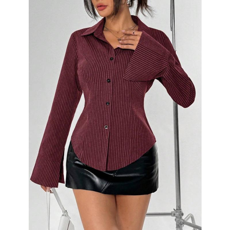 European and American Summer New Style Lapel Slim Striped Bell Sleeve Casual Shirt for Women