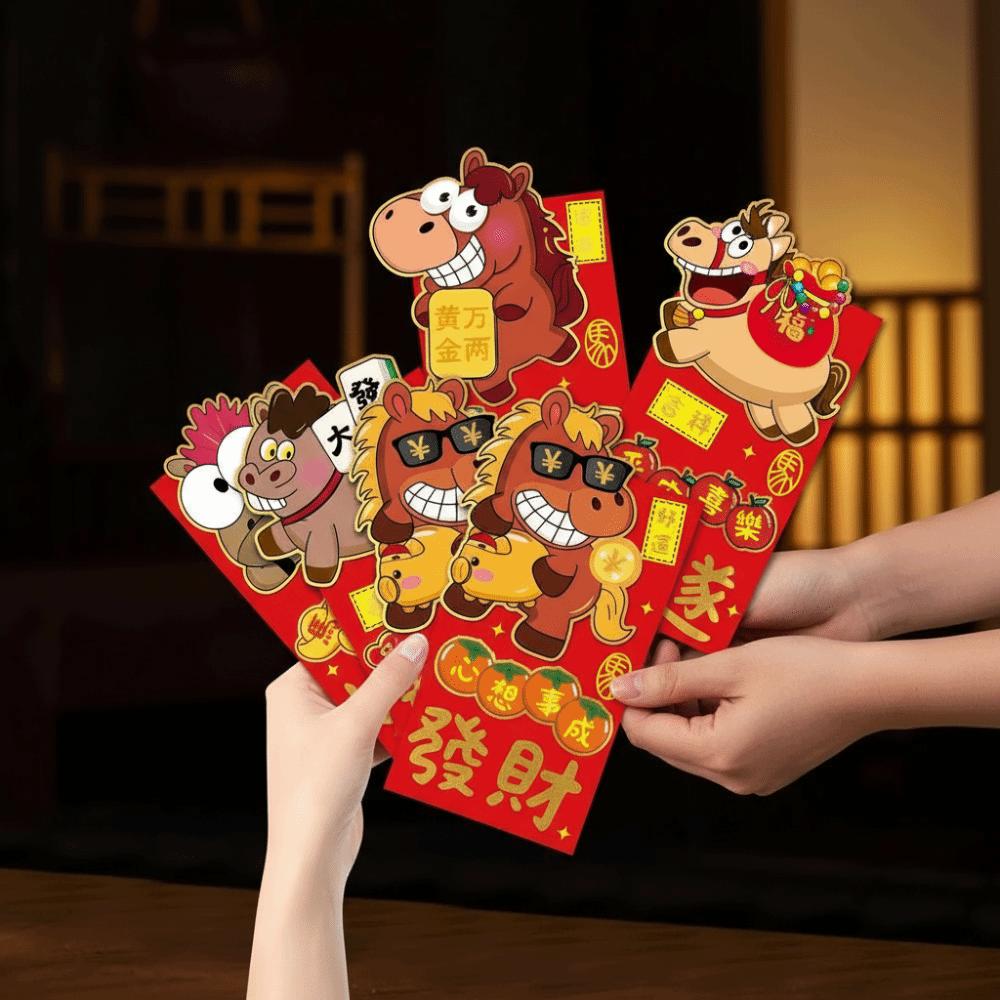 6pcs Cute Horse Year Red Packet Traditional Decorative Red Envelope Blessing Cartoon Money Gift Envelopes Wedding Ceremony