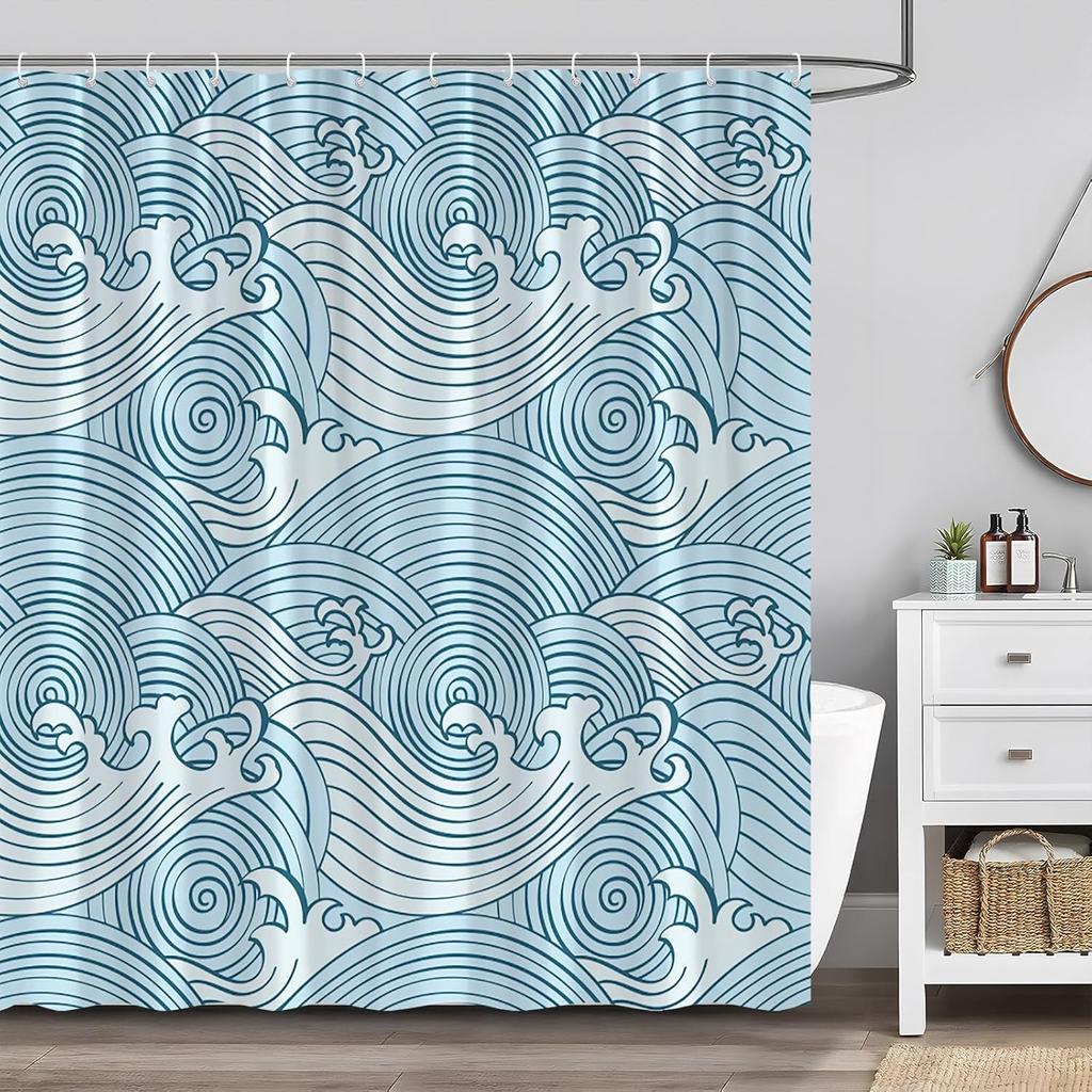 Blue Sea Wave Shower Curtain Japanese Ocean Waves Boho Abstract Striped Nautical Coastal Bathroom Decor Set with Hooks