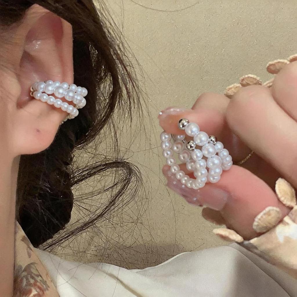 Elegant Three-Layer Pearl Beaded Ear Cuff - No Piercing Required - Light Luxury, Versatile French Style Earrings