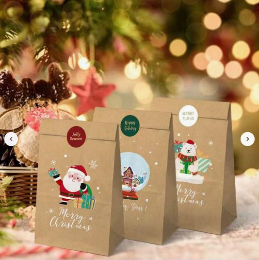 12 Pcs Christmas Gift Bags, Santa Design Kraft Paper Bags with Stickers, Flat Paper Bags for Holiday Gift Wrapping Party