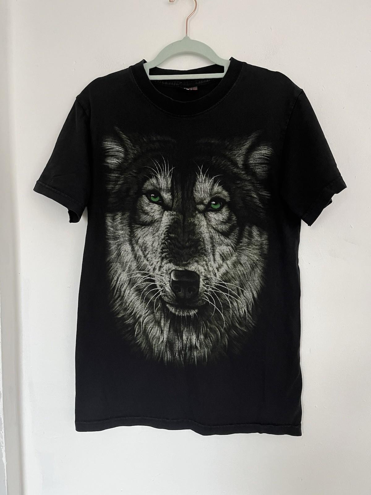 Vintage Wolf Shirt Medium Men Green Eyes Graphic Black Wildlife Wild Thunder Unisex T-Shirt XXL