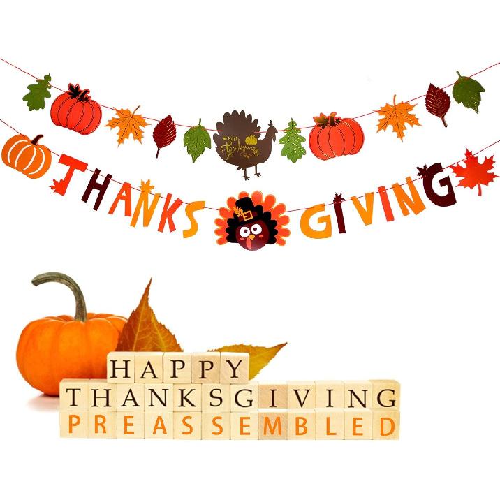Thanks Giving Banners(Pre-Assembled) Fall Maple Leaves Pumpk Turkeys Banner for Thanksgiving Day, Happy Thanksgiving Fall Party Sign Banner Garland