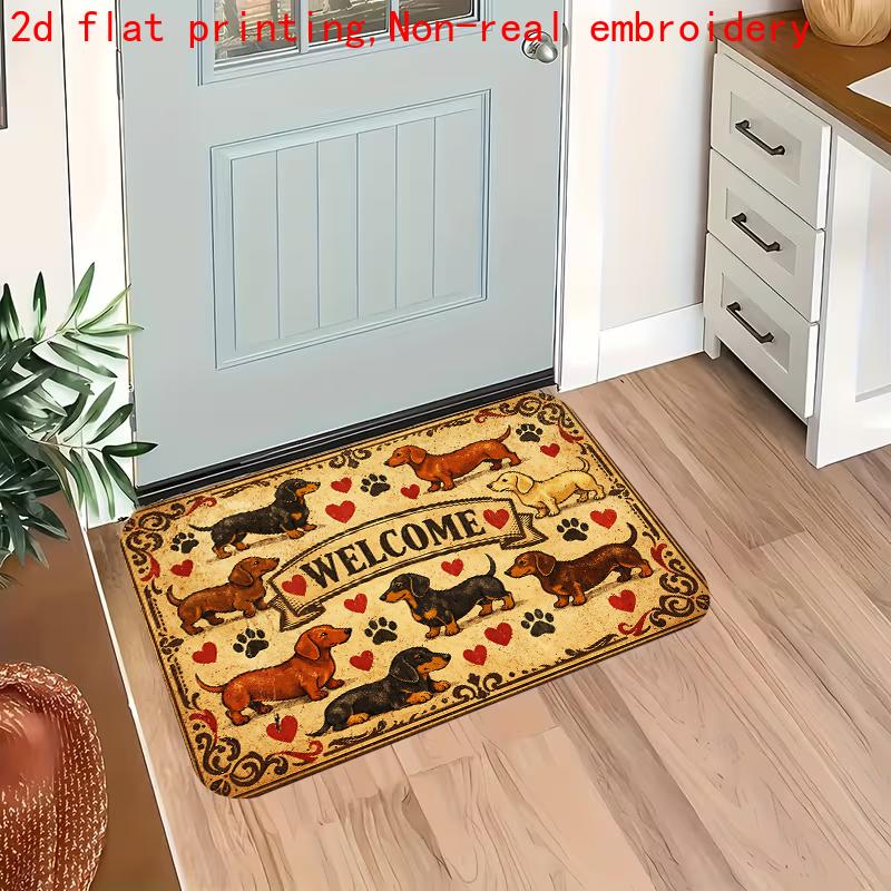 1pc, 2D Flat Printing, Vintage Dachshund WELCOME Door Mat, Colorful Non-Slip, Machine Washable Polyester Carpet, Suitable for Home Decor, Entrance, Ha