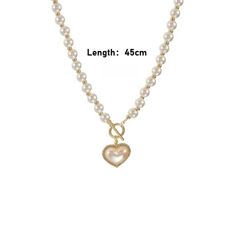 New Vintage Imitation Pearl Choker Collar Bead Necklace for Women Simple OT Buckle Heart Pendant Clavicle Chain Neck Jewelry