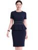 Allegra K Women's Midi Dress, Sheath Dress, Crew Neck, Peplum, Ruffles, Knee-Length, Short Sleeves, Bodycon Style, Navy Blue, Size M