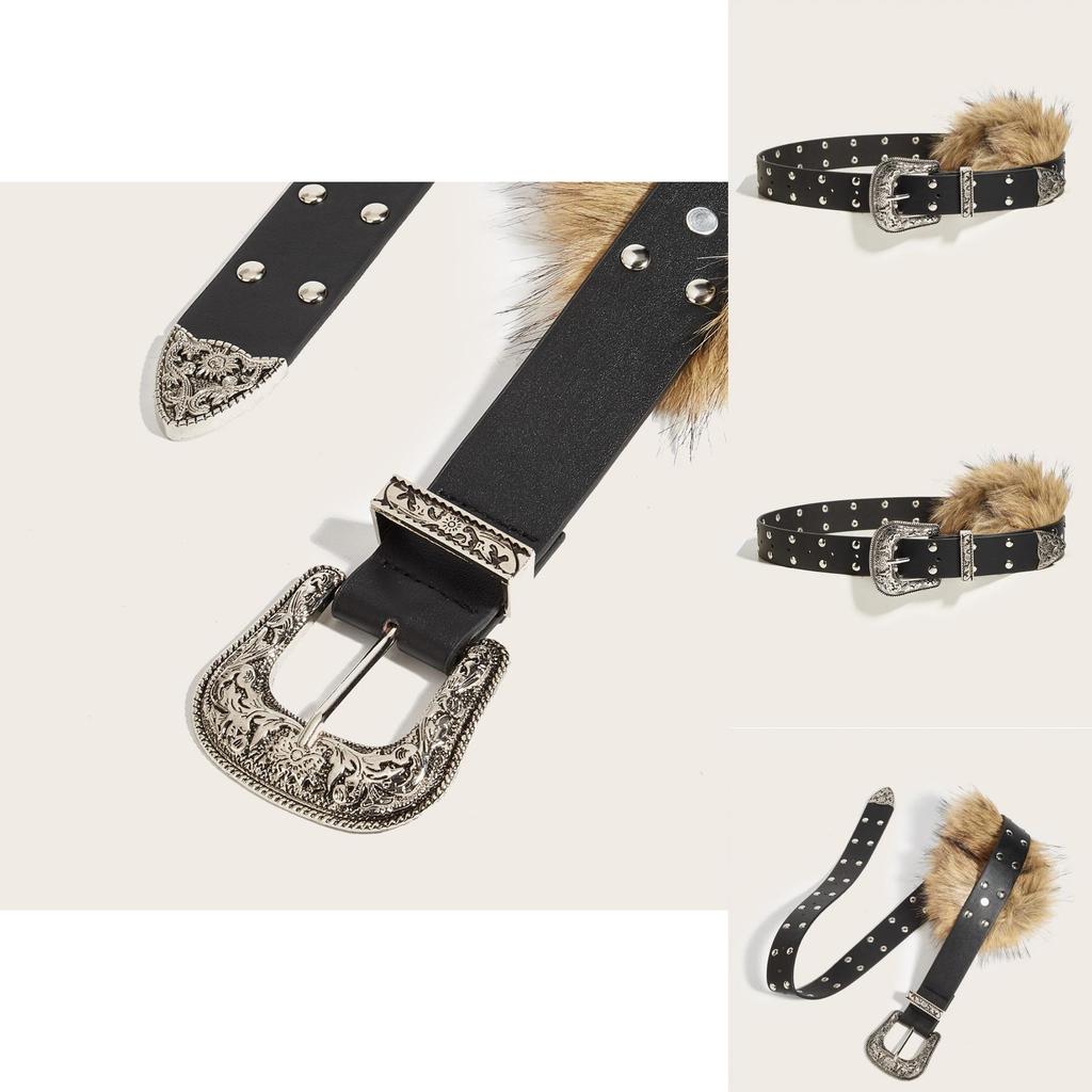 Statement Pu Leather Belt Artificial Fur Design And Carved Needle Buckle For Modern Street Fashion