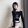 White American Spice Girl Printed Shoulder Slim Skinny Long Sleeve T-Shirt Women's Shoulder Skinny Bottom Short Top