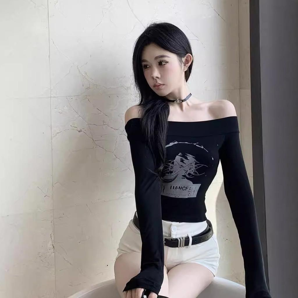 White American Spice Girl Printed Shoulder Slim Skinny Long Sleeve T-Shirt Women's Shoulder Skinny Bottom Short Top