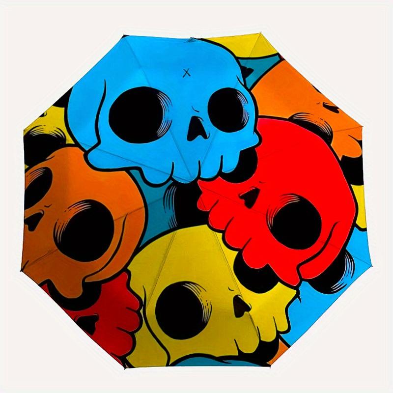 

1pc Skull Print Automatic Open, Sturdy Iron Frame, Compact Folding Design, All-Season Portable Umbrella for Women & Men, Outdoor Umbrella yy