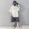 Boys' Summer Outfit Set 2026 New Item, Mid Size Children's Summer Boys' Thin Short Sleeved Children's Sports Striped Top, Trendy