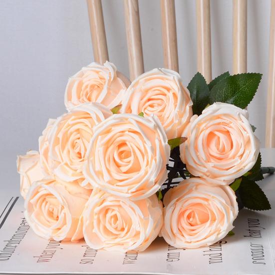 10 Heads Artificial Rose Flower Realistic Faux Silk Long Stem Rose Bouquet with Leaf for Home Kitchen Office Wedding Party Decoration