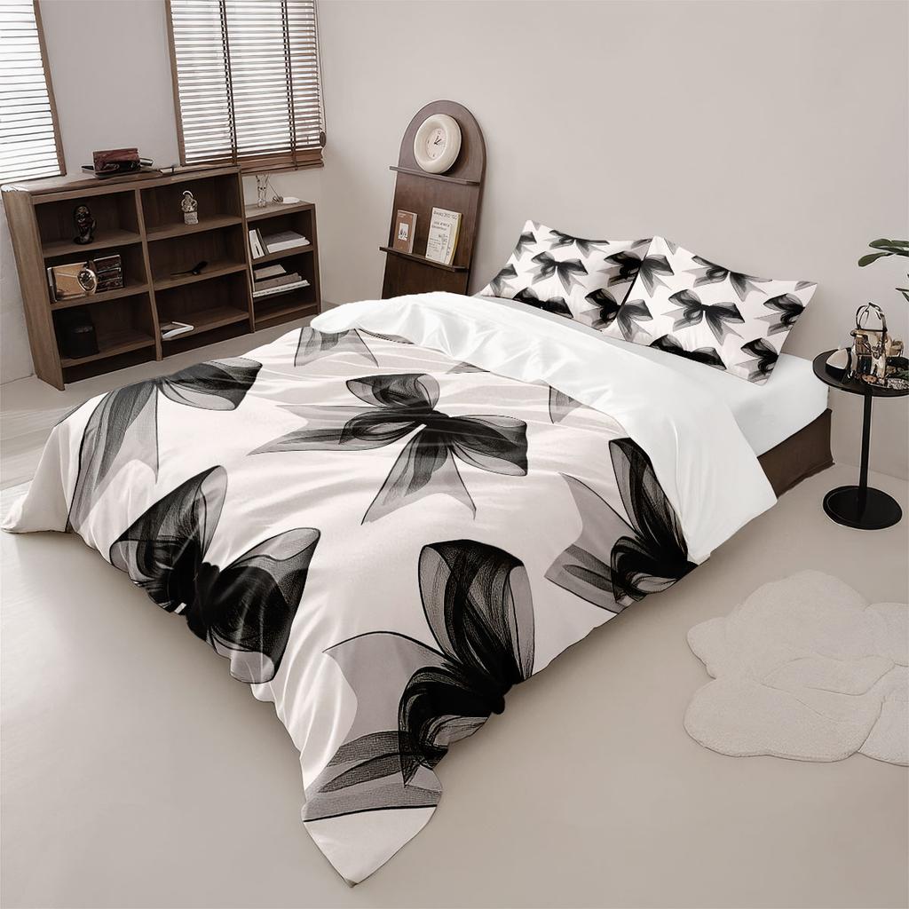 3pcs Cute Black Bow Printed Coreless Duvet Cover Set In Multiple Sizes Comfortable Bedroom Bedding Decoration Machine Washable