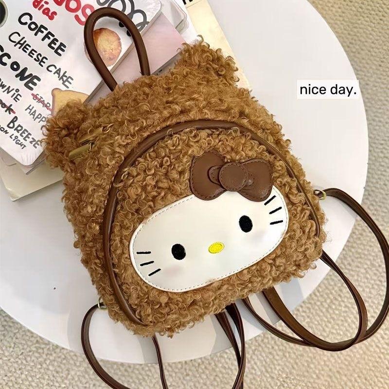 Hello Kitty Vintage Leopard Print Plush Backpack With Pockets For Daily Use