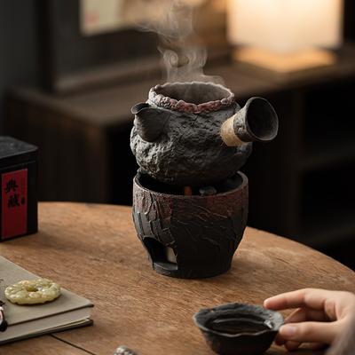 Grobes Keramik Tee-Kochset Holzkohleofen Komplettset für Milchtee-Zubereitung Kleiner Heimgebrauch Retro-Stil Wärmer Brühgerät