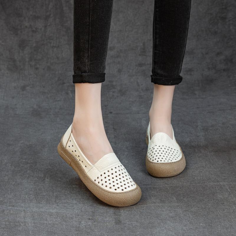Summer new leather hollow women's single shoes soft sole non-slip one pedal casual hole women's sandals flat sole