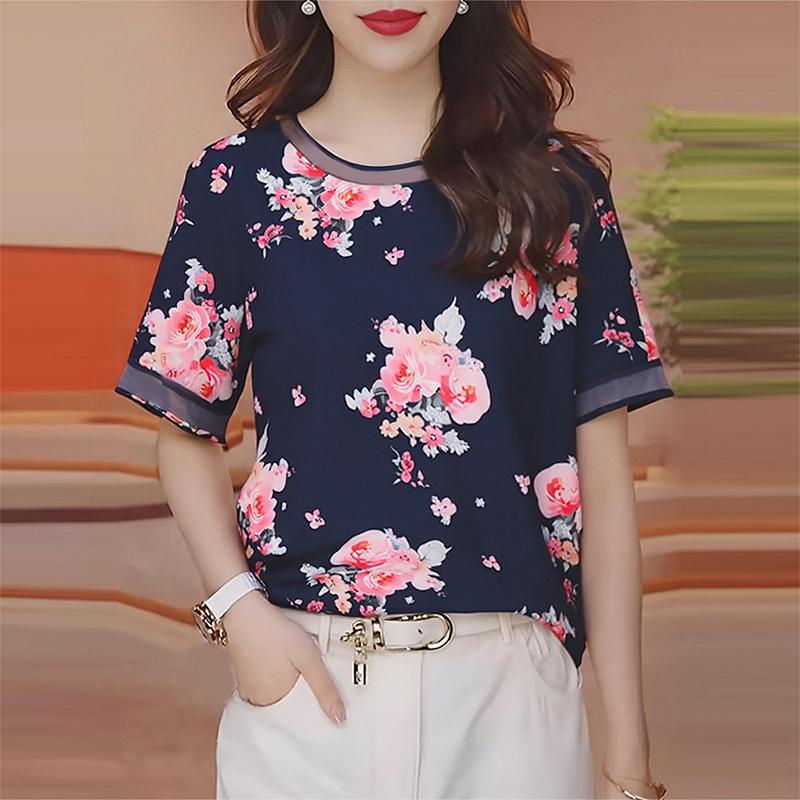 

ZANZEA Женская повседневная блузка с круглым вырезом, цветочным принтом и коротким рукавом 5XL тёмно-синий