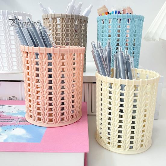 Pen Holder Imitation Rattan Holder, Round Hollow Desk Organizer, Large Capacity Pencil Accessory Cup for Pens Pencils Makeup Brushes, Nordic