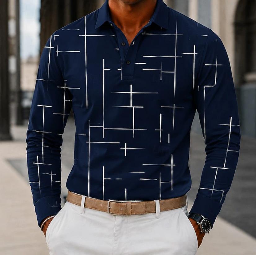 Stylish Long Sleeve Polo Shirt with Geometric Pattern, Perfect for Casual Daily Wear.