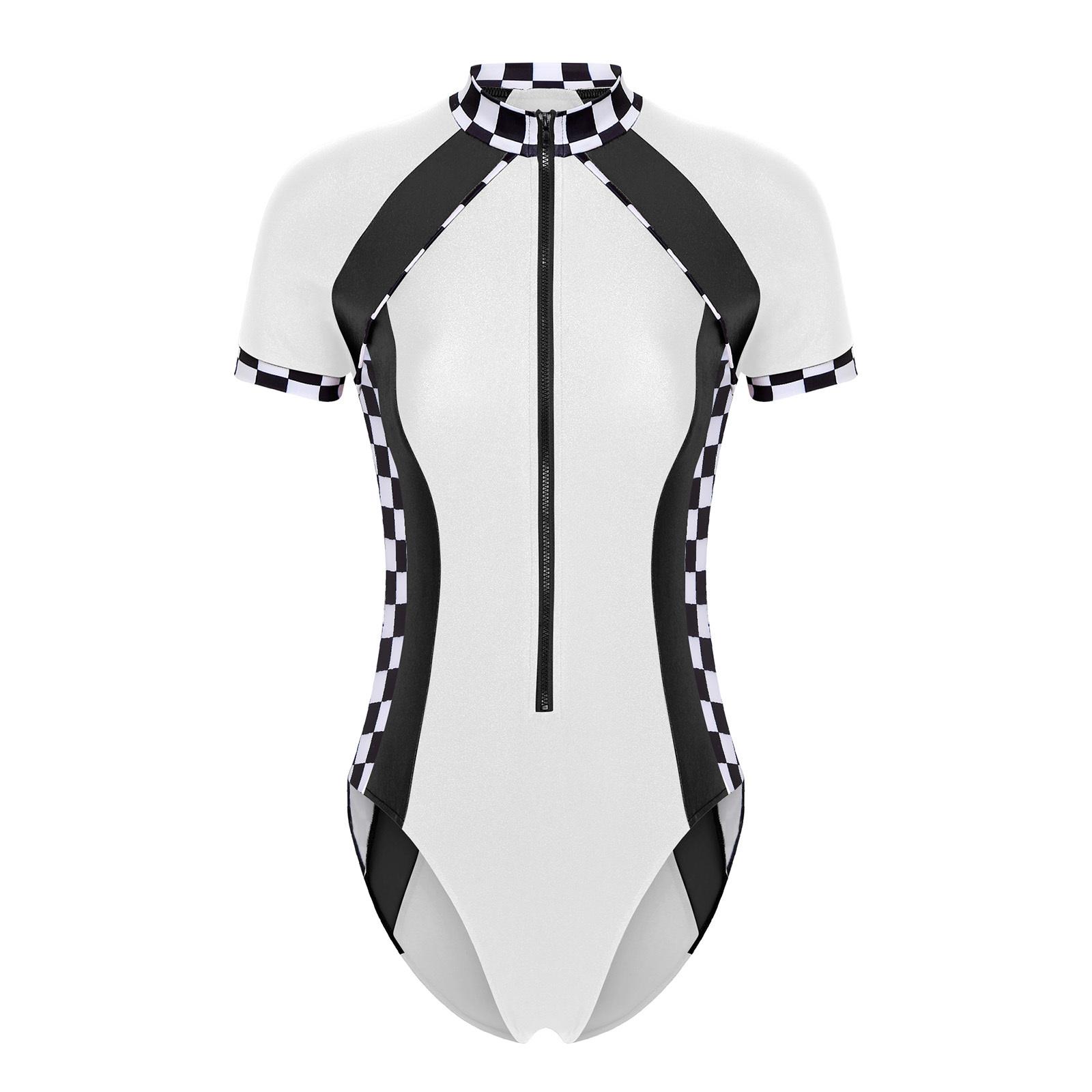 

Жіночий комбінезон колор-блок у клітинку зі стійкою, короткими рукавами та застібкою-блискавкою спереду, приталеного крою, блискучий костюм гонщика для вечірки S чорний/білий