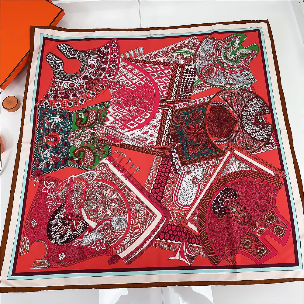 90Cm Luxury Saddle Square Scarf Women 100% Twill Silk Hand Rolled Hem Hijab Scarf Foulard Shawl  Design Head Scarves Ladies