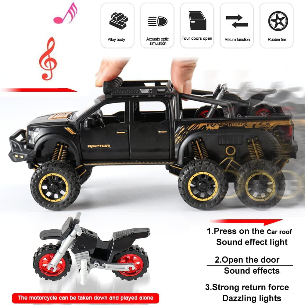 1/24 Scale Toy Pickup Trucks, Truck Toy, Ford F150 Diecast Metal Pickup with Sound and Light, 6x6 Off-Road Pull Back Trucks with Motorcycle for Kids