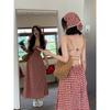 Women Red White Gingham Plaid Maxi Sundress, Spaghetti Strap Front Tie V Bust Open Back Adjustable Strap Flowy Long Dress