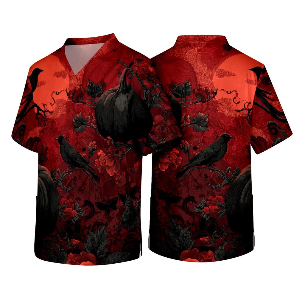 Men V Neck Short Sleeve Halloween Print Chest Pocket Scrub Top Classic Fit Comfortable Workwear Uniform Shirt