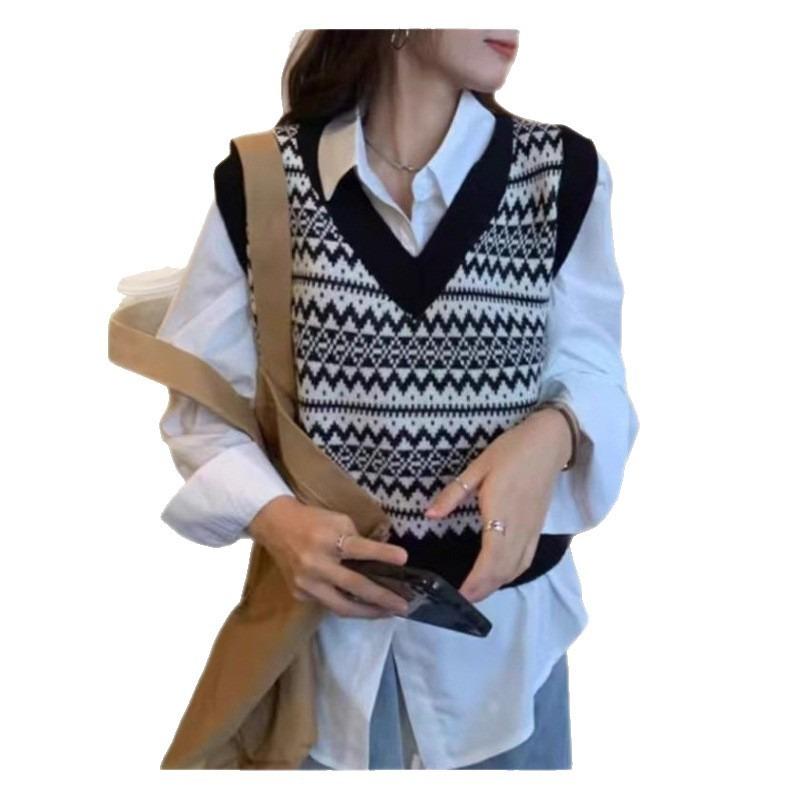 Rhombus Vest Women's Early Autumn New Outer Wear Stacked Inside Wear Retro Knitted Sweater Vest