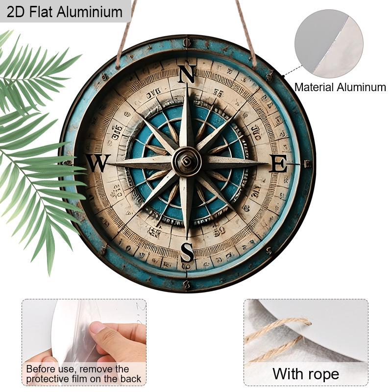 2D Flat 1pc Vintage Compass Aluminum Decoration Plaque, Compass Pattern Sign, Living Room Decor, Study Decor, Beach House Decor, Cabin Decor, Perfect